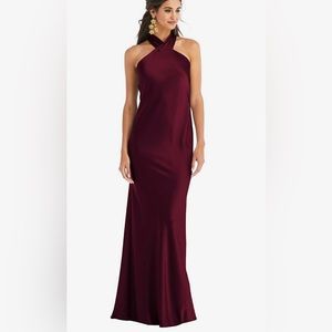 DRAPED TWIST HALTER TIE-BACK TRUMPET GOWN IN CABERNET
